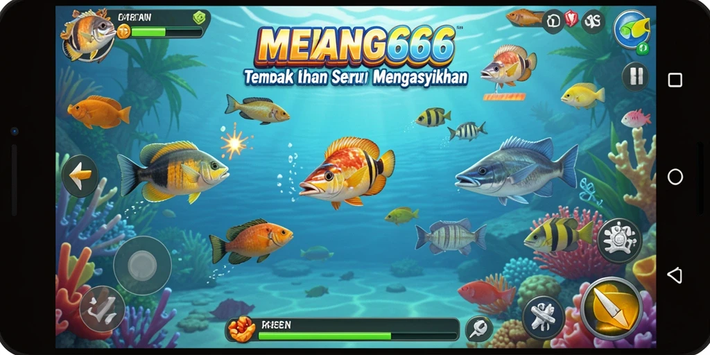 Gameplay seru MENANG666 menembak ikan berwarna-warni di lautan.