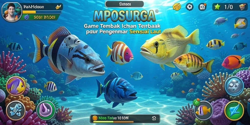 Tampilkan gameplay seru dalam MPOSURGA, menembak ikan berwarna-warni.